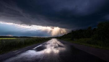 ai generado un oscuro Tormentoso cielo terminado un la carretera con un ligero brillante mediante foto