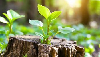 ai generado un joven planta coles desde un tocón en el bosque foto