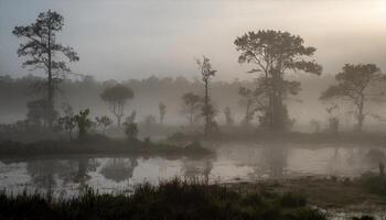 AI generated a misty morning in the swamp photo