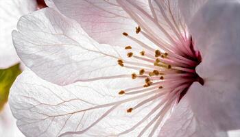 ai generado un cerca arriba de un blanco flor con Dom rayos foto