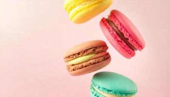 ai generado vistoso macarons en un rosado antecedentes foto