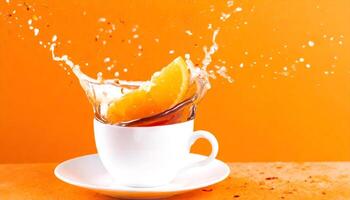 AI generated orange juice splashing into a cup photo