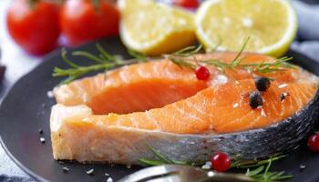 AI generated salmon on a plate with lemon and herbs photo