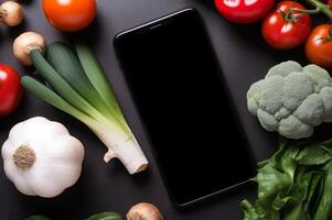 ai generado teléfono inteligente pantalla Bosquejo en mesa salud alimento. generar ai foto