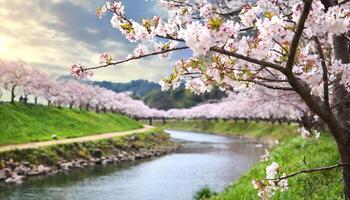 AI generated cherry blossoms on a branch over a river photo