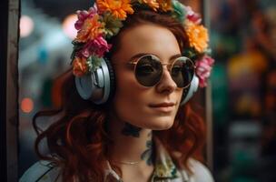 AI generated Woman headphones flowers. Generate AI photo