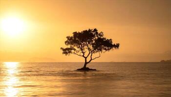 AI generated a lone tree in the middle of the ocean at sunset photo