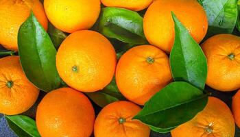 AI generated a close up of a bunch of oranges with green leaves photo