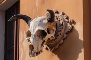 AI generated Horned animal skull hanging on wall. Generate ai photo