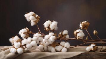 AI generated Beautiful cotton branch on a wooden table on a dark background. Ripe cotton buds. Close-up. photo