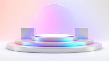 ai generado vacío degradado podio holográfico antecedentes. minimalista arco iris escaparate plataforma en pastel colores para presentaciones y producto demostraciones natural Encendiendo. foto