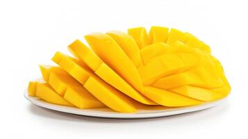 AI generated Mango slices on plate on white background. Juicy ripe tropical fruit. photo