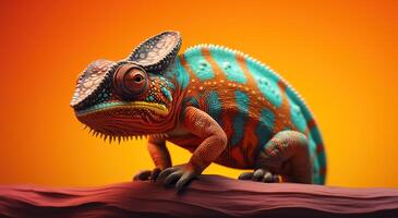 AI generated Beautiful multicolored chameleon on an orange background. Colorful reptile on  wooden branch. photo