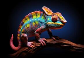 AI generated Beautiful multicolored chameleon black background. Colorful reptile on wooden branch. photo