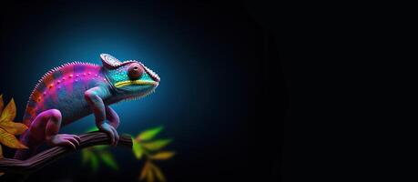 AI generated Beautiful multicolored chameleon black background. Colorful reptile on wooden branch. photo