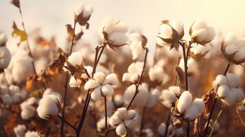 AI generated Bud of ripe cotton. Plantation of an organic plant background of a sunset. Close-up. photo