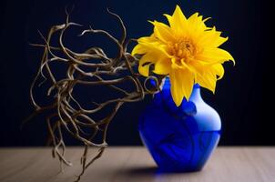 AI generated Curly willow branch with sunflower in blue vase. Generate ai photo