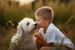 ai generado chico Besos perro en salvaje prado. generar ai foto