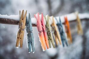 ai generado pinzas para la ropa colgando en Nevado cuerda. generar ai foto