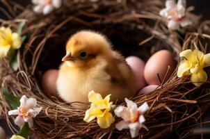 AI generated Cute chick in nest decorated with flowers. Generate ai photo