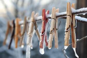 ai generado pinzas para la ropa colgando con hielo. generar ai foto