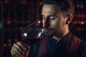 AI generated Male sommelier pouring flavor. Generate AI photo