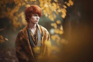 AI generated Handsome male with auburn hair autumnal portrait. Generate ai photo