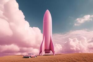 AI generated Pink rocket ship surrounded with clouds. Generate ai photo