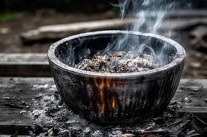 AI generated Smoking ashes in barbecue fireplace. Generate ai photo