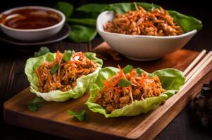 AI generated Thai chicken lettuce wraps. Generate ai photo