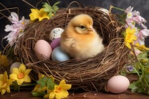 ai generado linda polluelo en nido con pastel Pascua de Resurrección huevos. generar ai foto