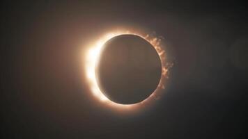 resumen lleno solar eclipse en científico negro antecedentes. el Luna principalmente cubre el visible Dom creando un dorado diamante anillo efecto. video