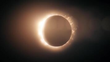 resumen lleno solar eclipse en científico negro antecedentes. el Luna principalmente cubre el visible Dom creando un dorado diamante anillo efecto. video