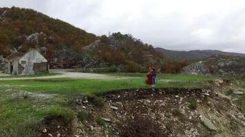 hombre obras de teatro el violonchelo en el montañas, al aire libre. imágenes. músico con un contento Mira en su cara teniendo un descanso mientras ejecutando un violonchelo en un campo paisaje video