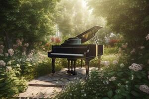 AI generated Grand piano in green garden. Generate ai photo