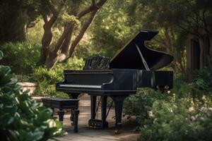 AI generated Grand piano instrument in green orchard. Generate ai photo