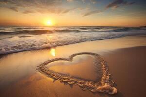 AI generated Heart waves with sunset view on beach sand. Generate ai photo