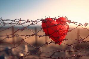 AI generated Red heart stuck in sharp fencing barbwire. Generate ai photo