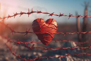 AI generated Red heart captive in barbed wire. Generate ai photo