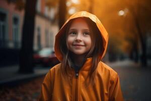 ai generado sonriente niña vistiendo otoño impermeable. generar ai foto