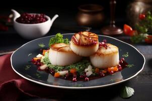 AI generated Grilled steak scallop dinner plate. Generate ai photo