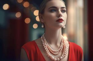 ai generado mujer en rojo vestir vistiendo perla collar y pendientes. generar ai foto
