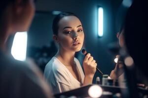 ai generado mujer maquillaje espejo. generar ai foto