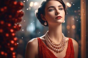 ai generado elegante mujer en rojo vestir con lujo perla collar. generar ai foto
