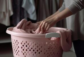 ai generado mujer plegable lleno lavandería cesta. generar ai foto