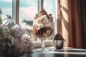 AI generated Delicious ice cream chocolate with whipped cream. Generate ai photo