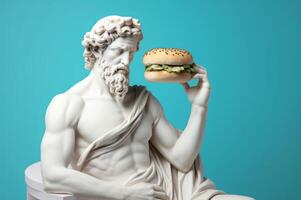 ai generado griego estatua Poseidón con hamburguesa con queso. generar ai foto