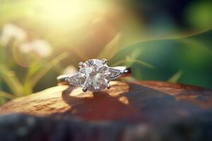 ai generado diamante compromiso anillo en natural antecedentes. generar ai foto