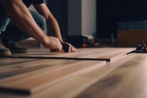 ai generado renovación dueño de casa instalando nuevo madera piso. generar ai foto