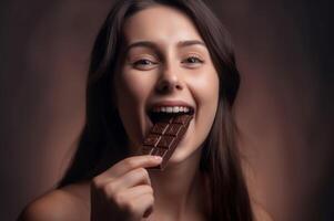 ai generado contento mujer comiendo chocolate. generar ai foto